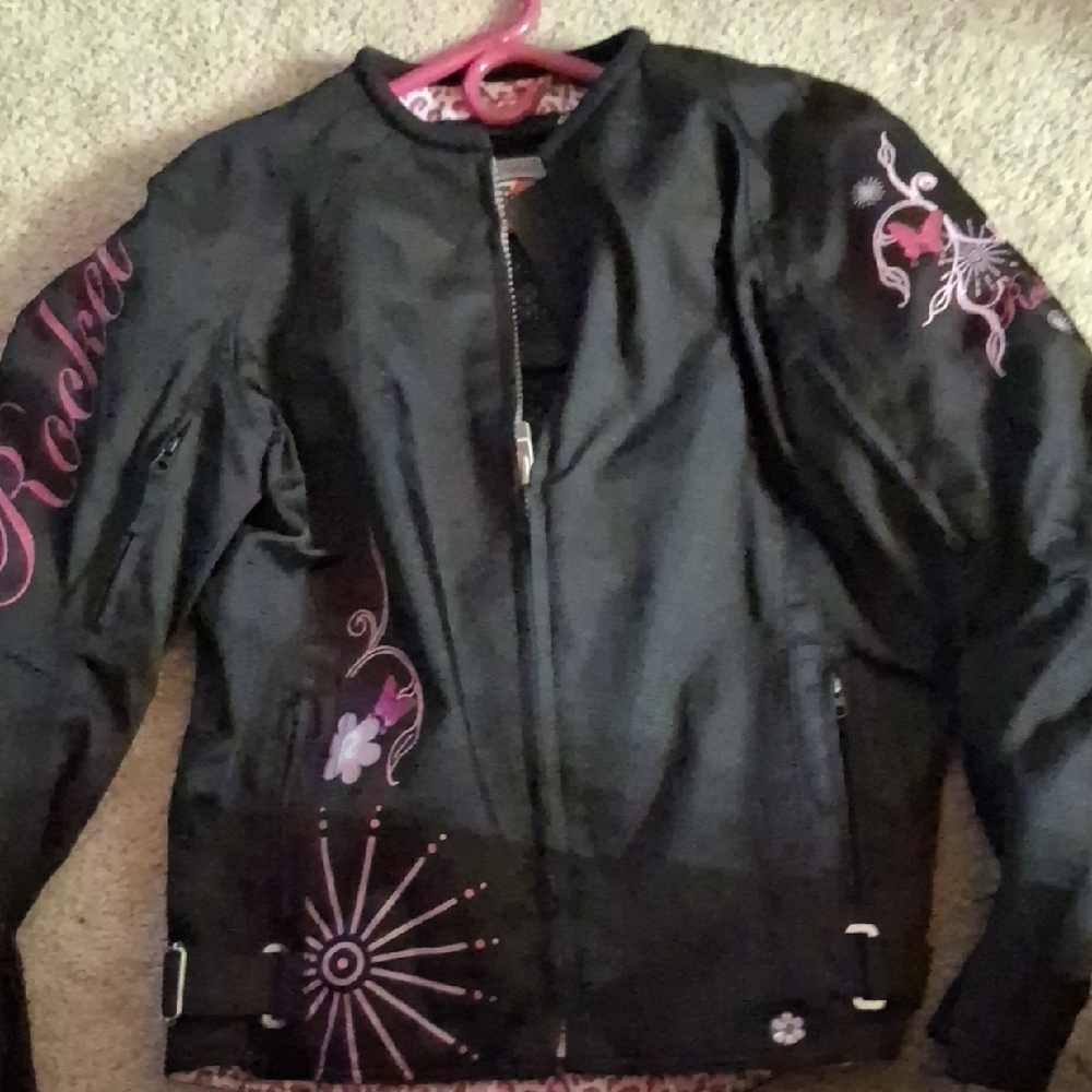 Joe Rocket Black and Pink Bomber Jacket with Starburst Patterns